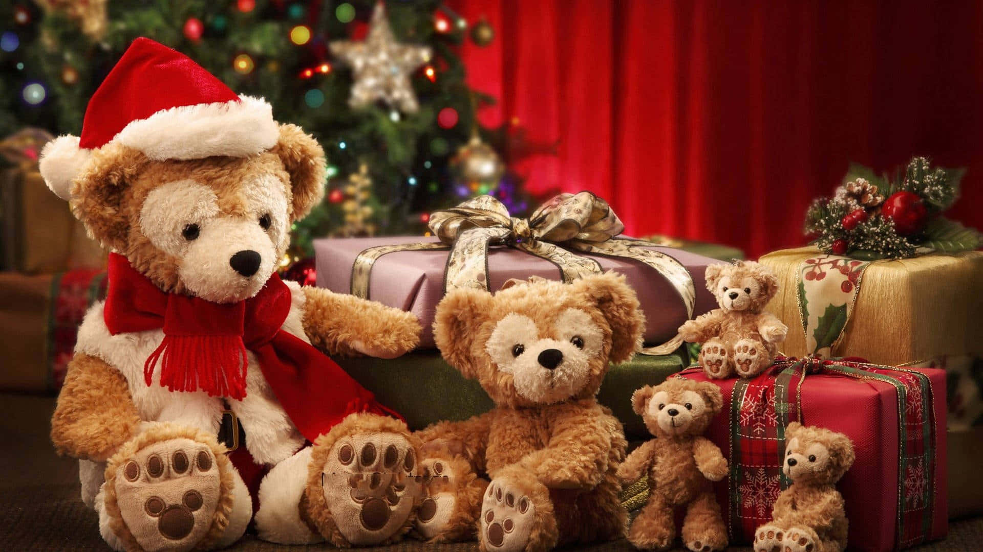 Teddy Bears In Christmas Hats Sitting Next To Presents