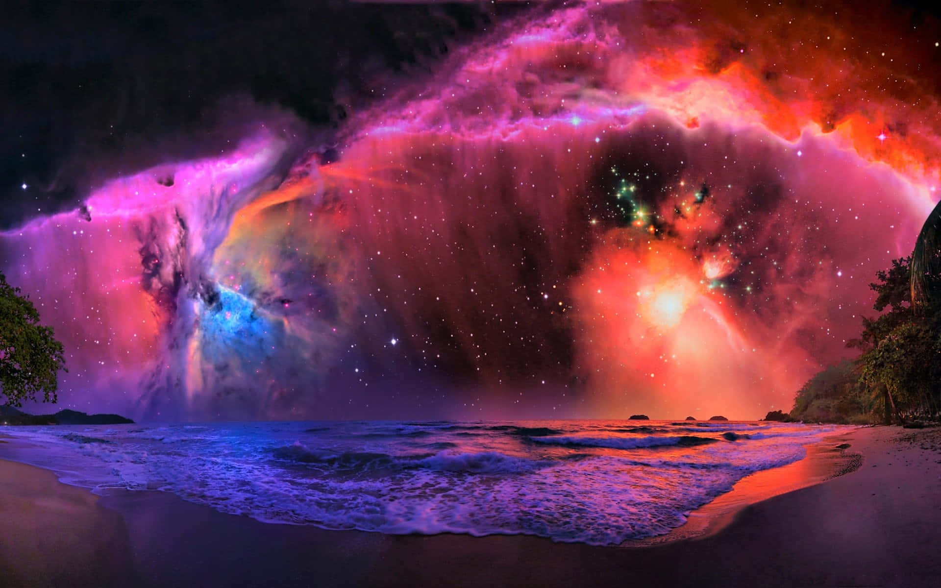 Hochauflösendeshintergrundbild Von Einer Strandlandschaft Im Galaxy-stil.