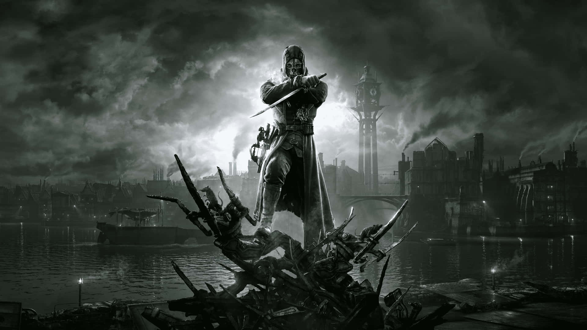 En mand står øverst på en by med et sværd i sin hånd. Wallpaper
