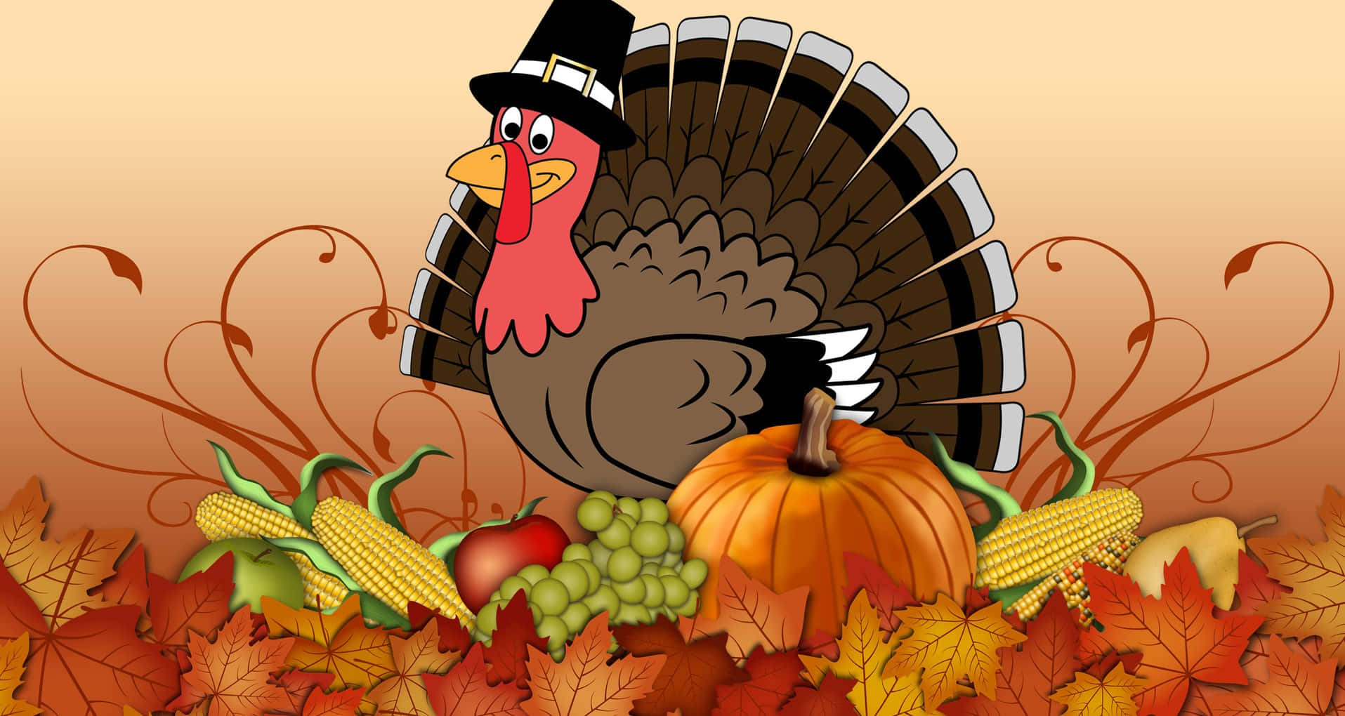 High Resolution Thanksgiving Cartoon Turkey Maple Leaves Background