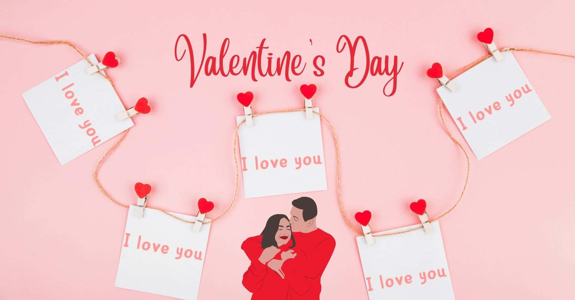Valentine's Day Cards With Hearts And A Couple Hanging On Clothes Pegs