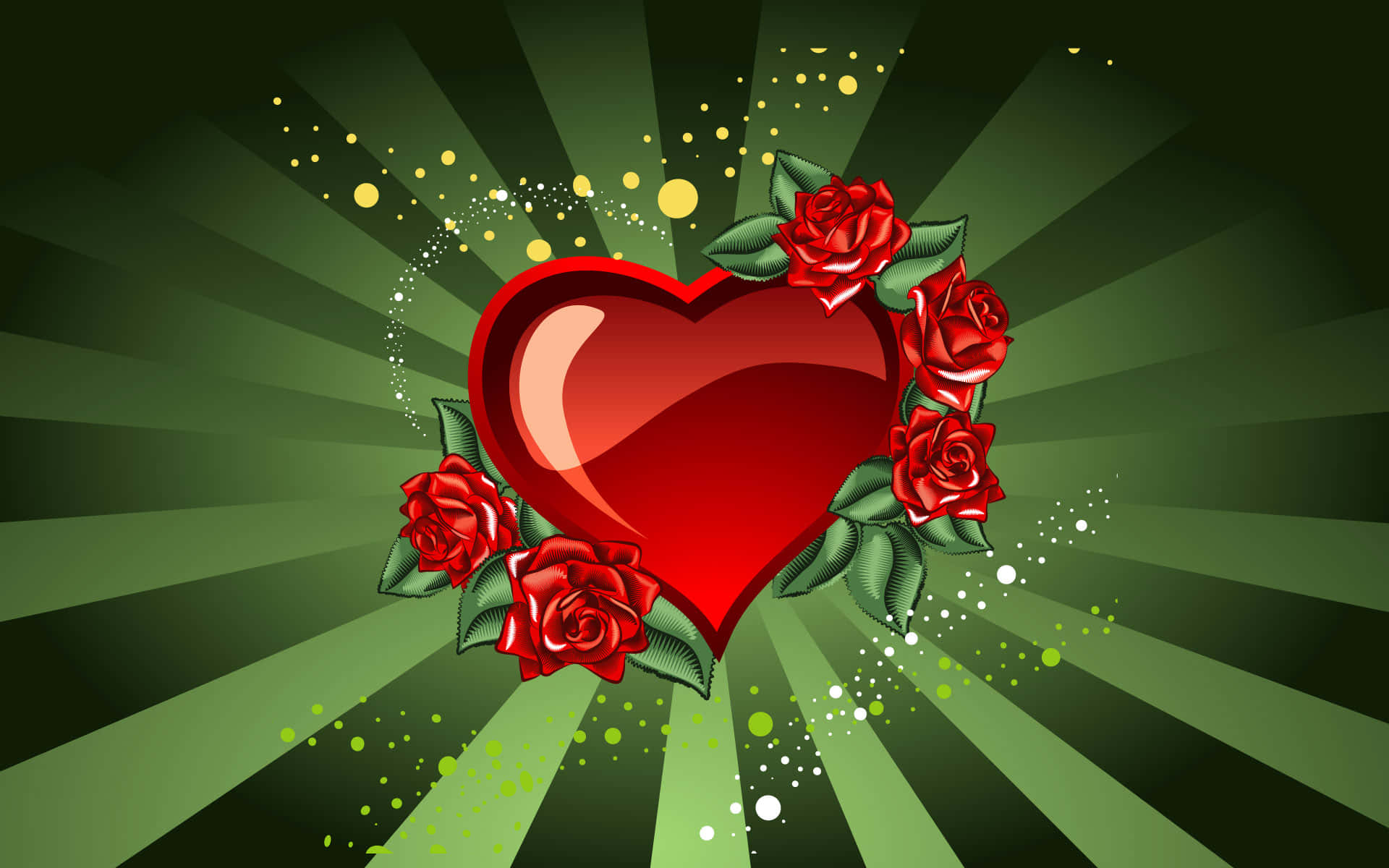 A Red Heart With Roses On A Green Background
