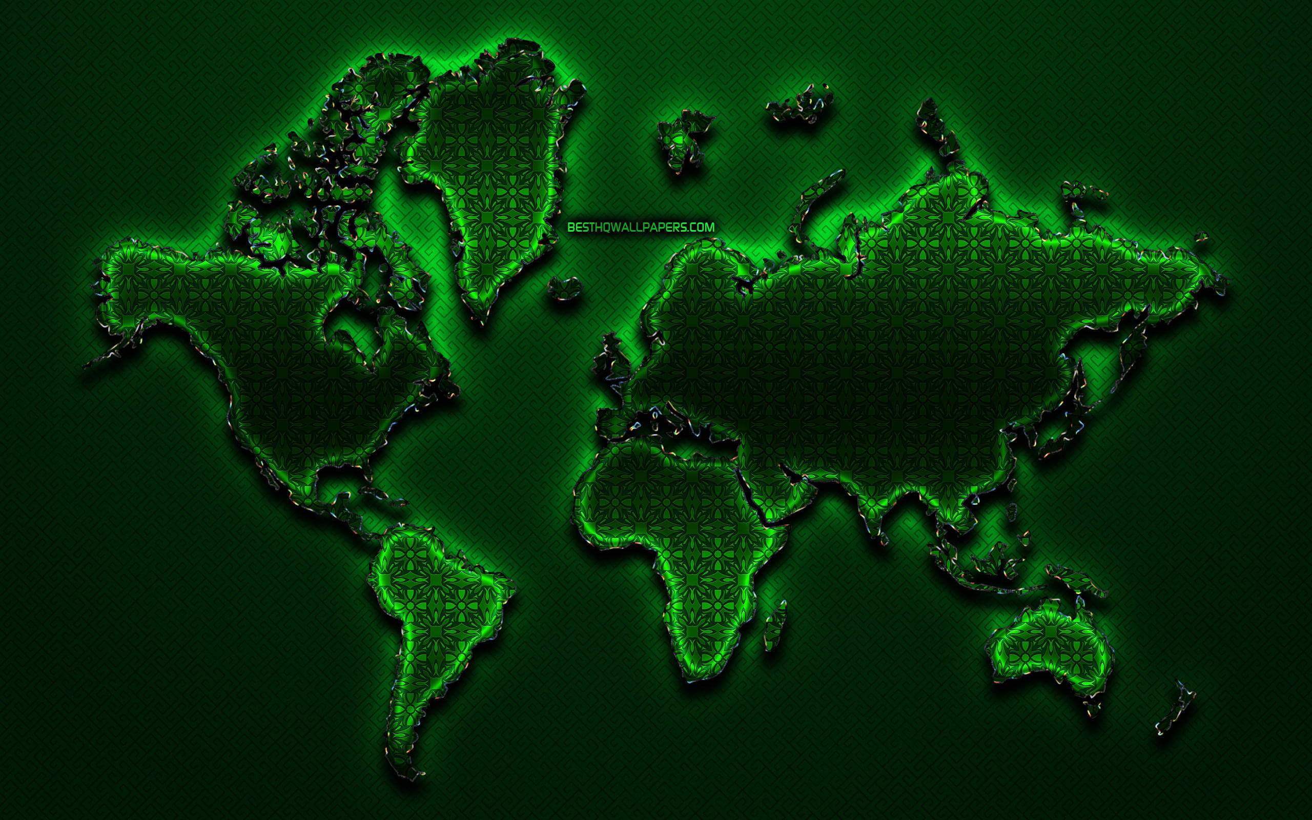 High Resolution World Map Neon Green Outlines Wallpaper