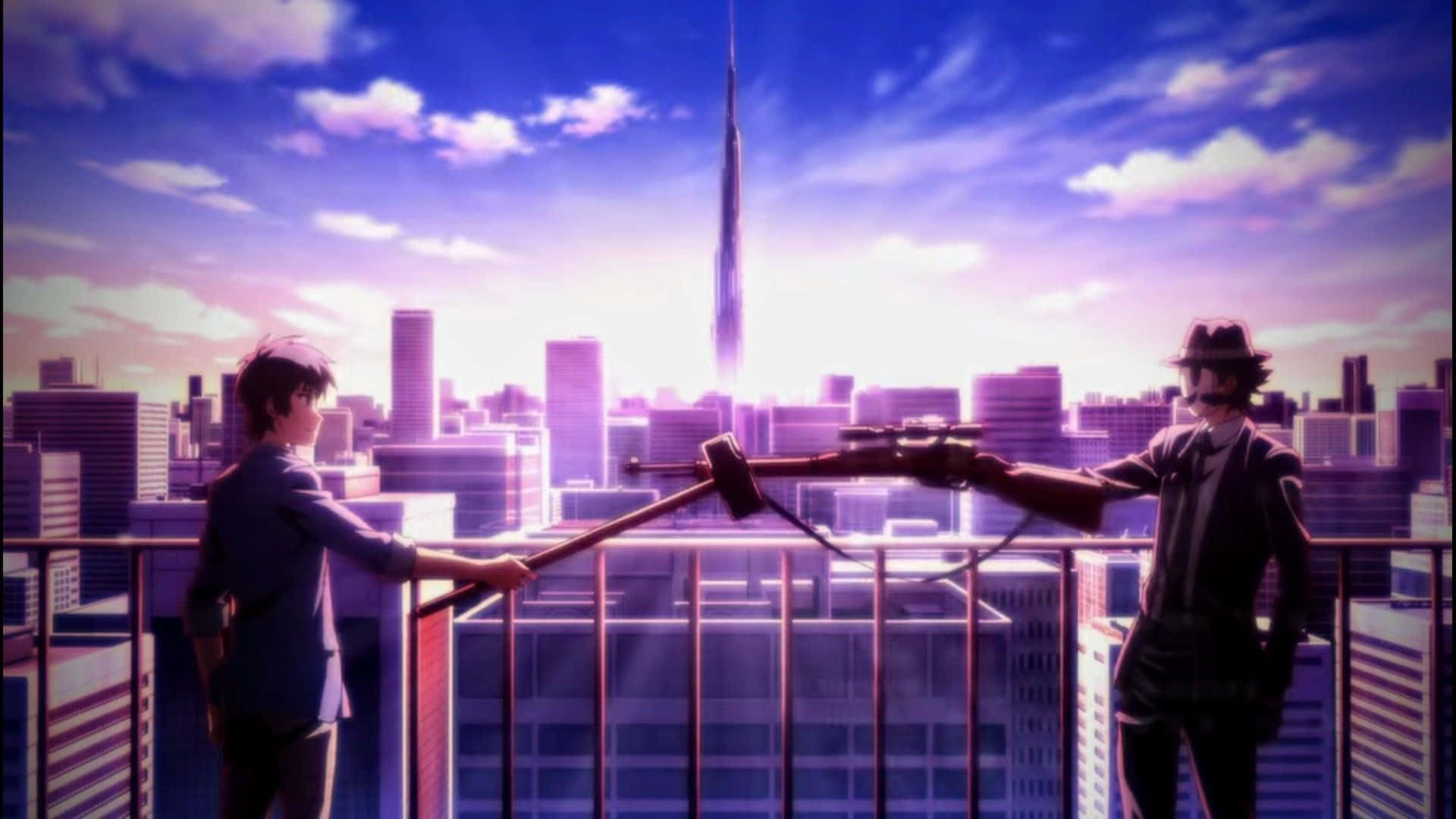 Two Anime Characters Standing On A Balcony With A City View