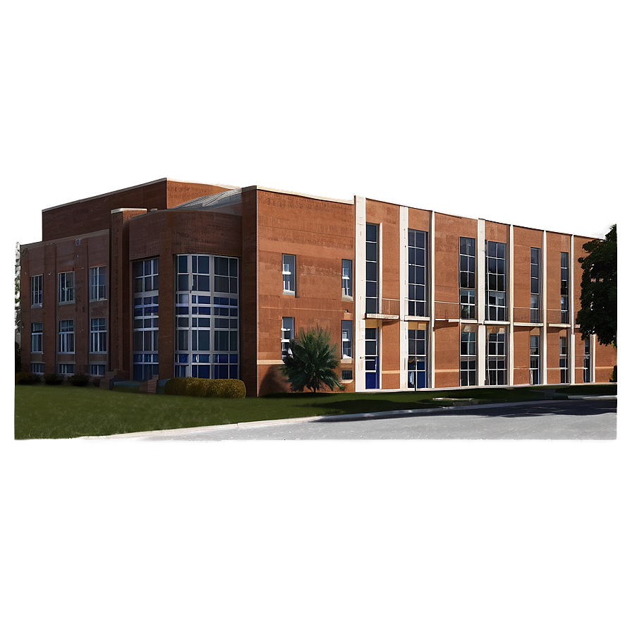 high school a PNG — Modern brick building with large glass windows stands under a warm glowing sky at dusk.