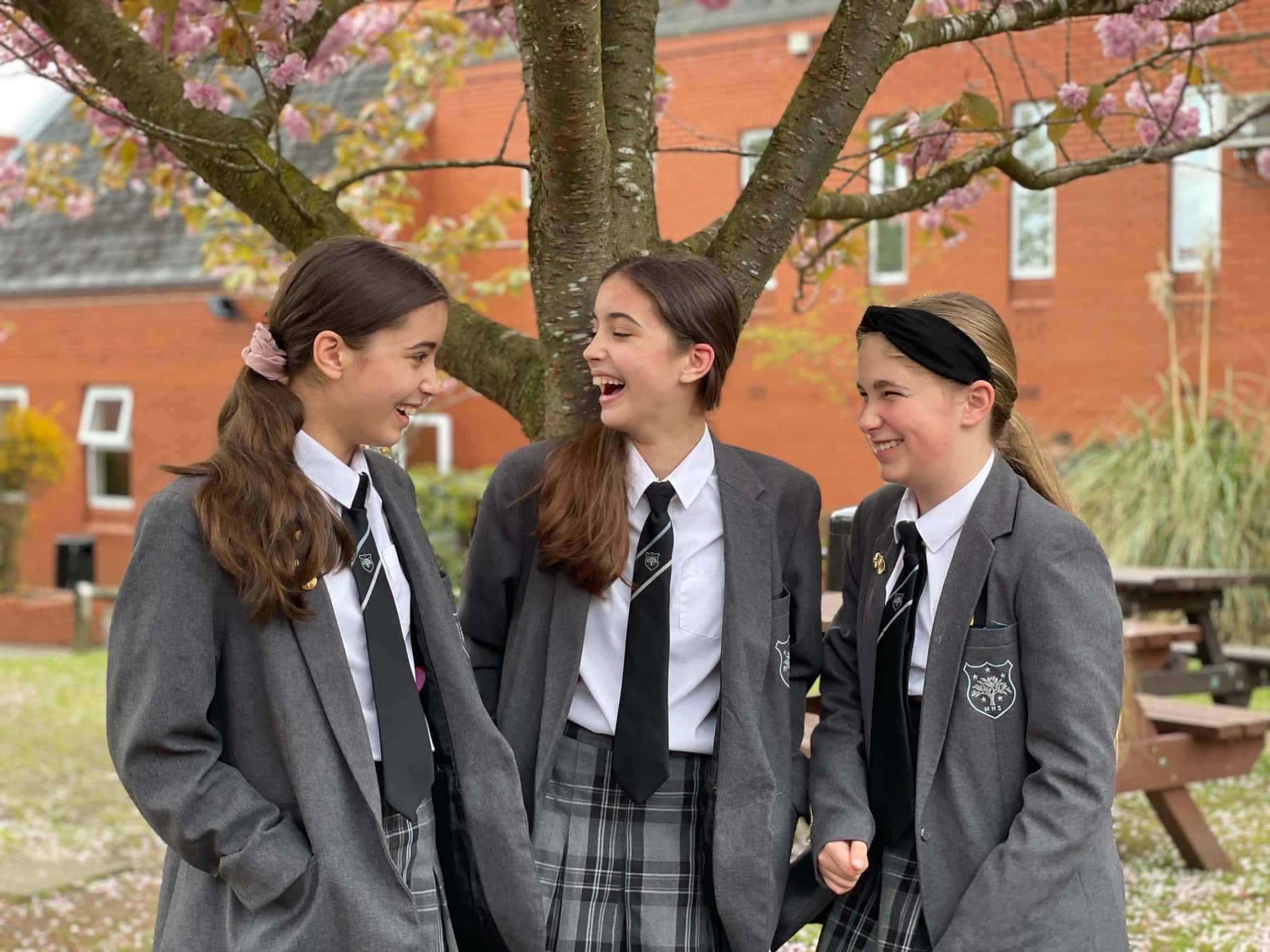 Three Girls In School Uniforms Standing Under A Tree