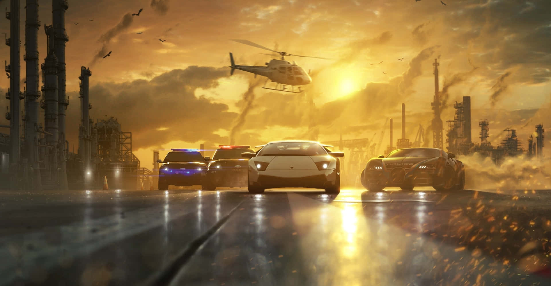 High Speed Chase Sunset Backdrop Wallpaper