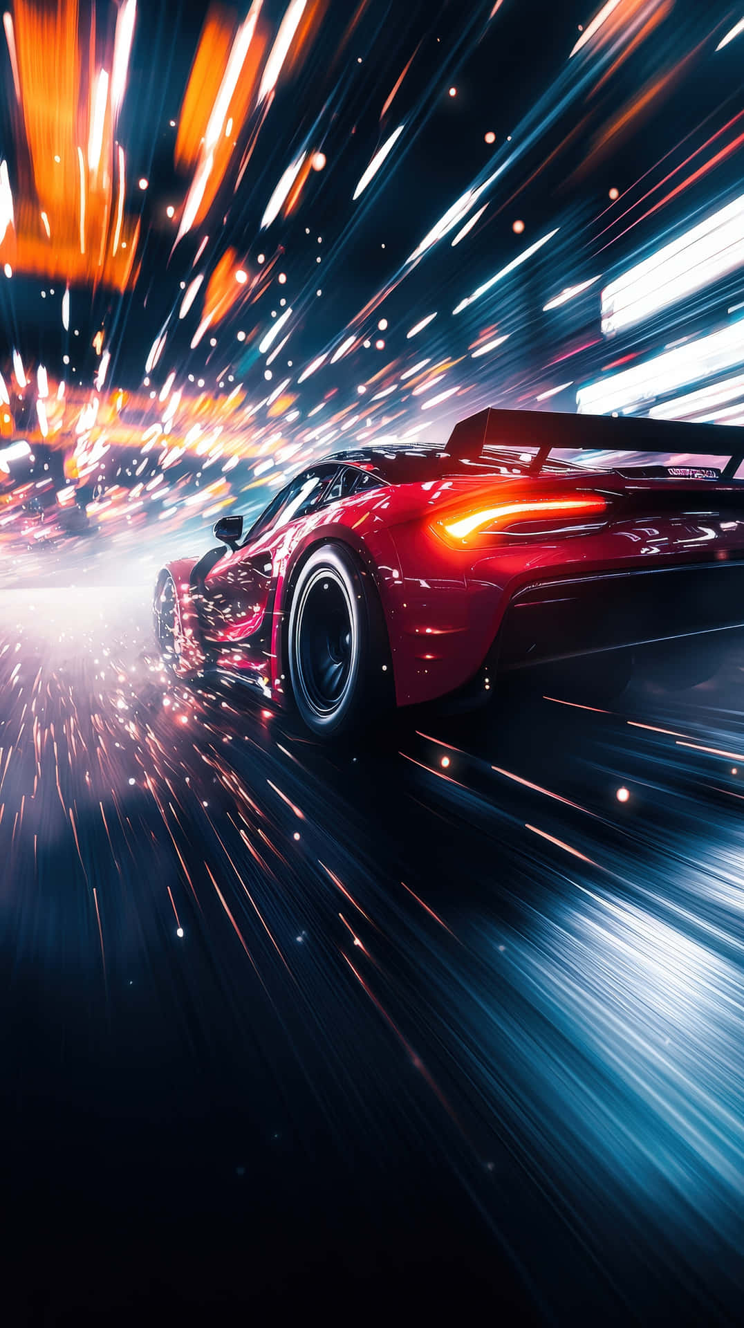 High-speed Red Sports Car Racing Through Neon City Lights At Night Wallpaper