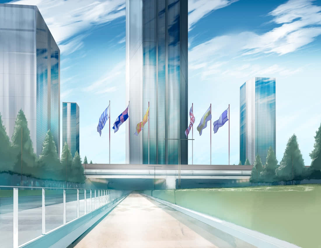 Futuristic High-Tech Anime Skyscraper Wallpaper