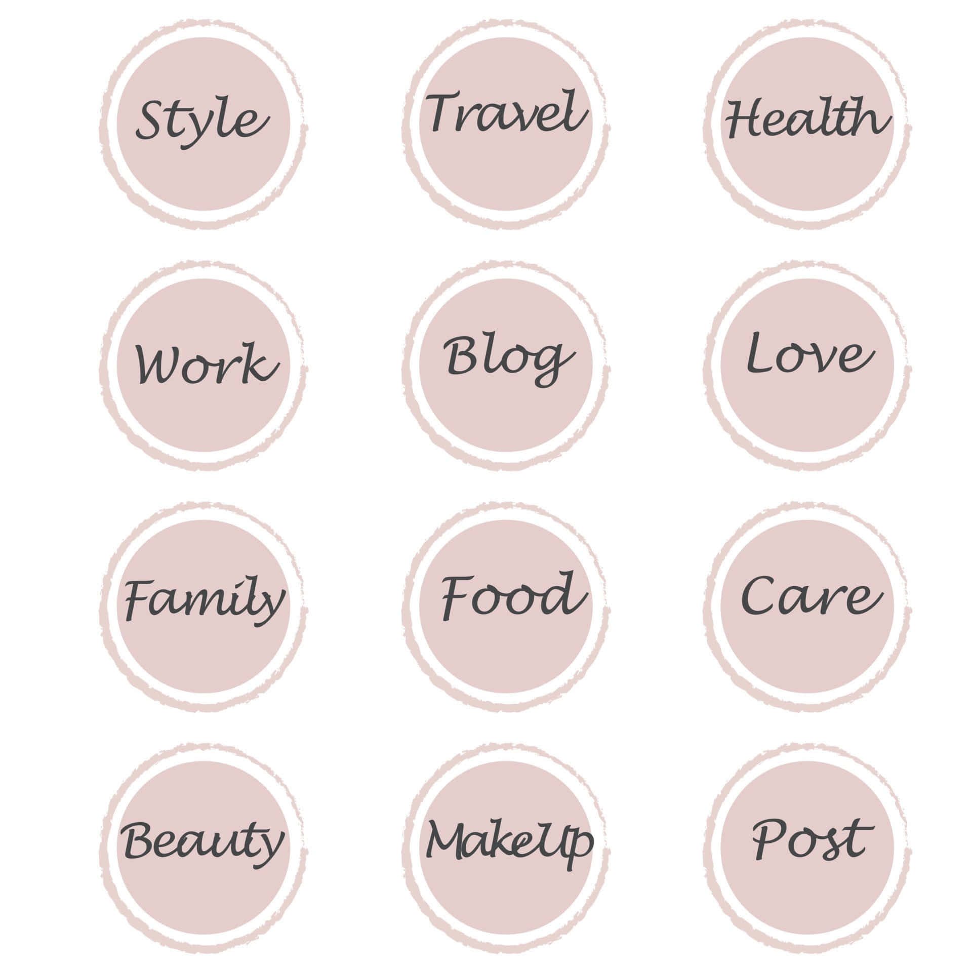 A Set Of Pink Circles With The Words Travel, Work, Food, And Beauty