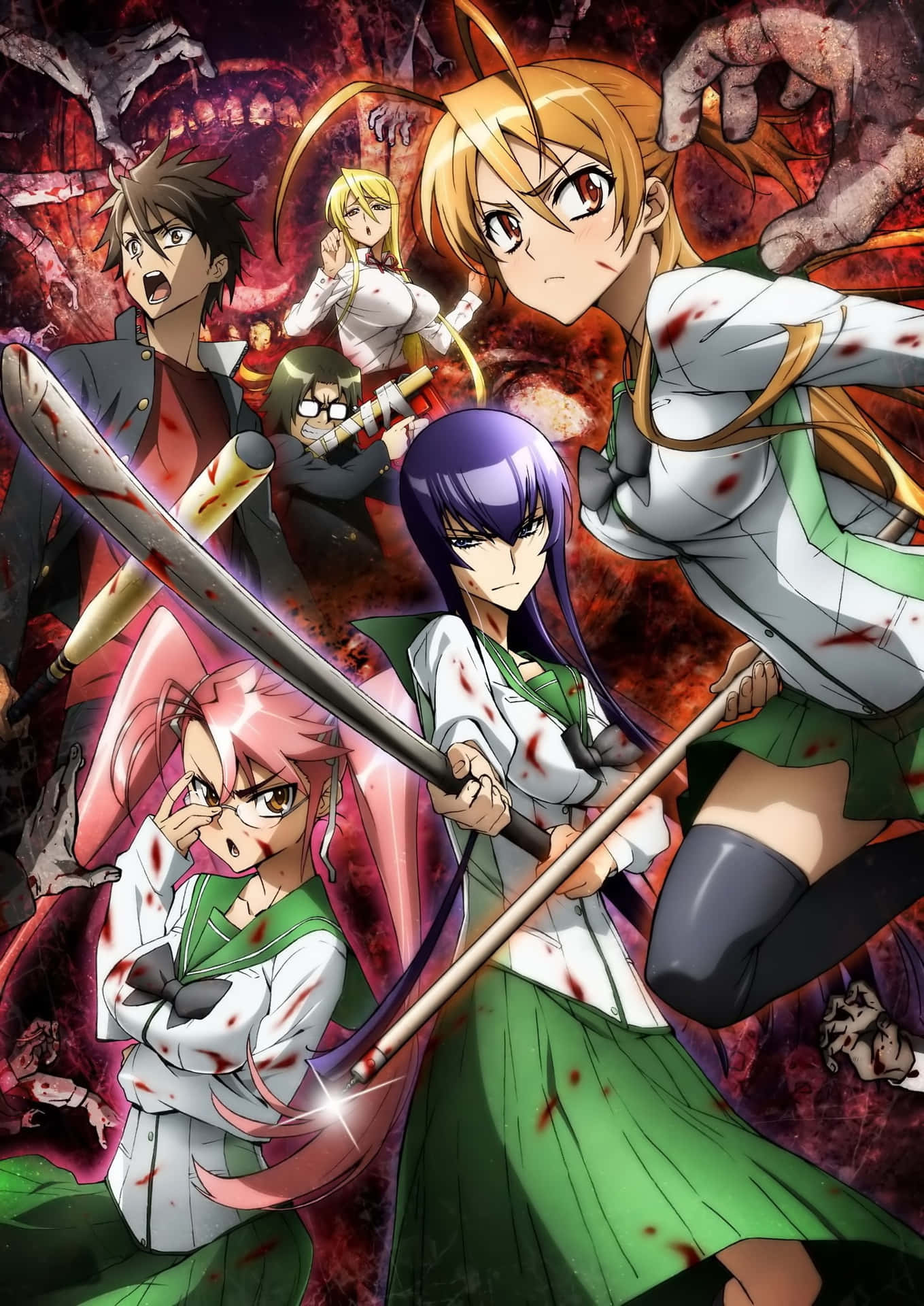 Students from Highschool of the Dead fight together against the hordes of Zombies
