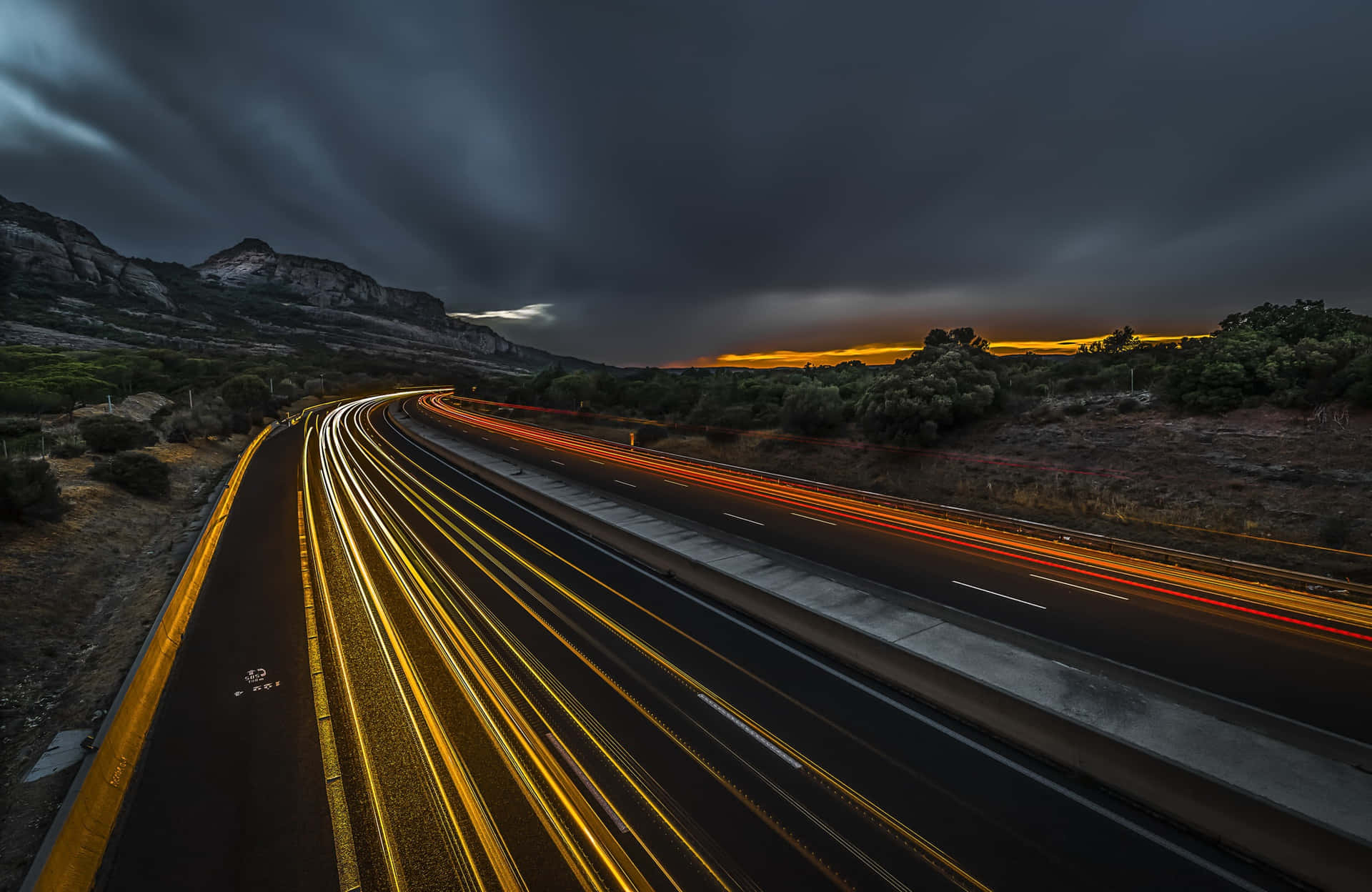 Highway With Cars' Light Streaks Wallpaper