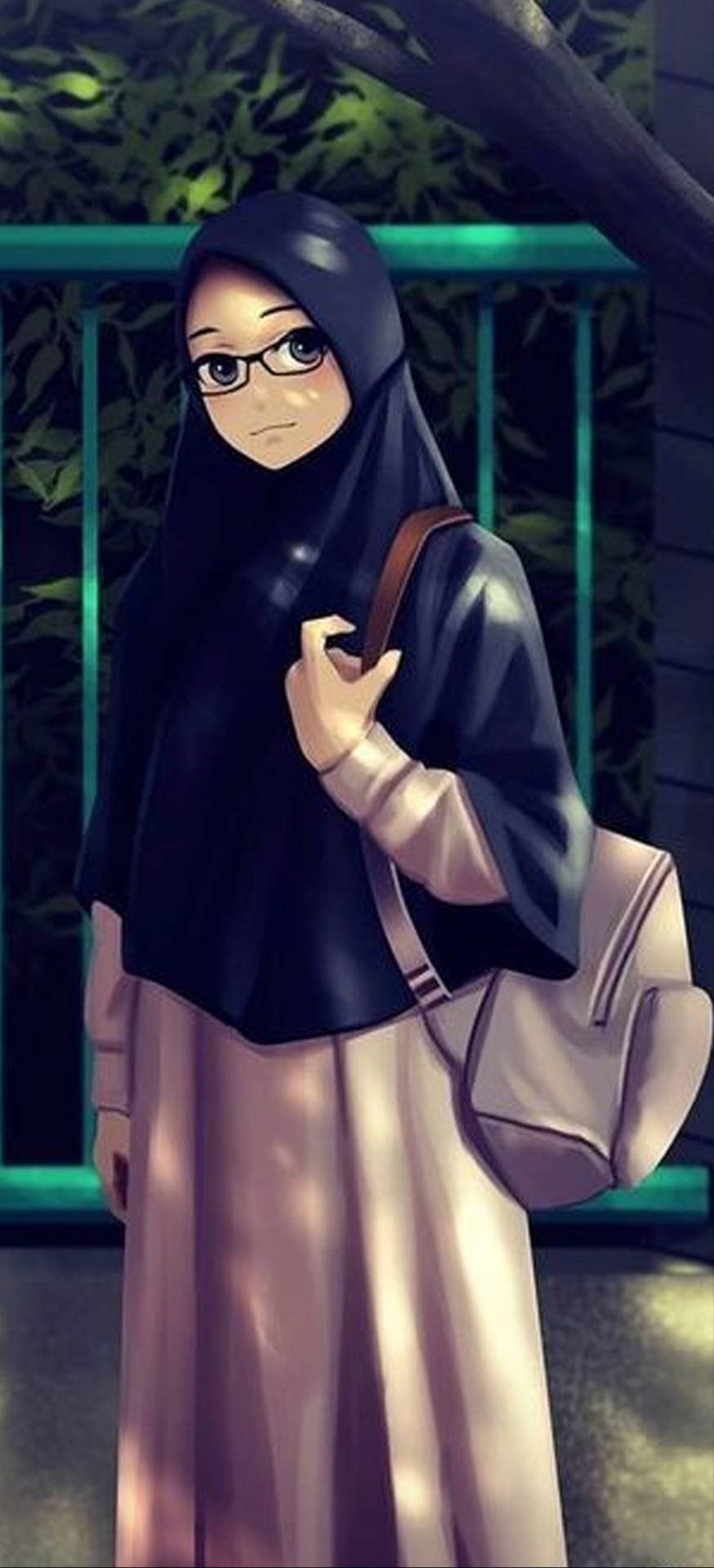 Meninacom Hijab Em Cartoon Com Uma Mochila. Papel de Parede