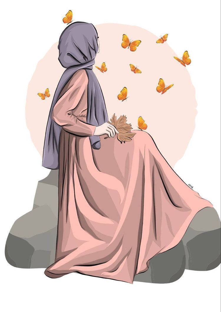 Hijab Cartoon Orange Butterflires Background