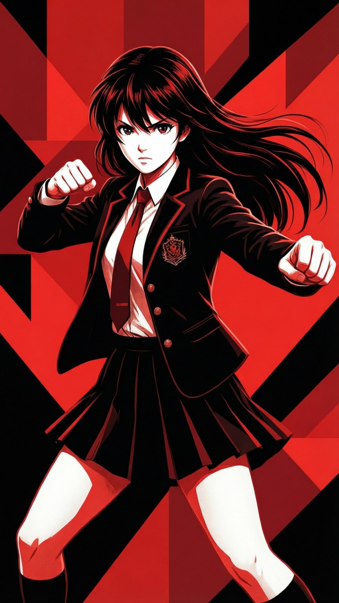Anime girl in school uniform fighting in red and black background