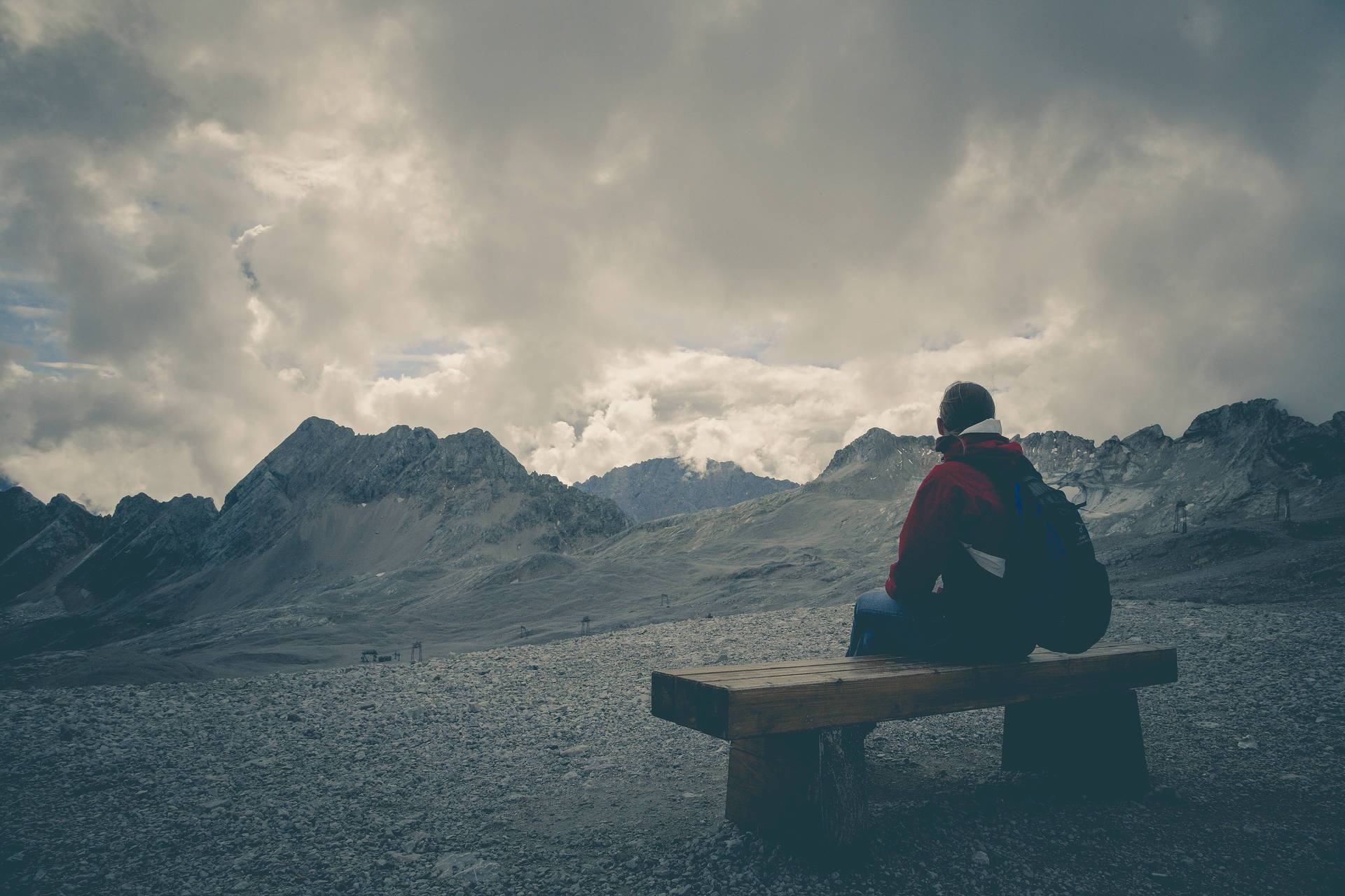Hiker Sitting Alone On Flat Bench Background
