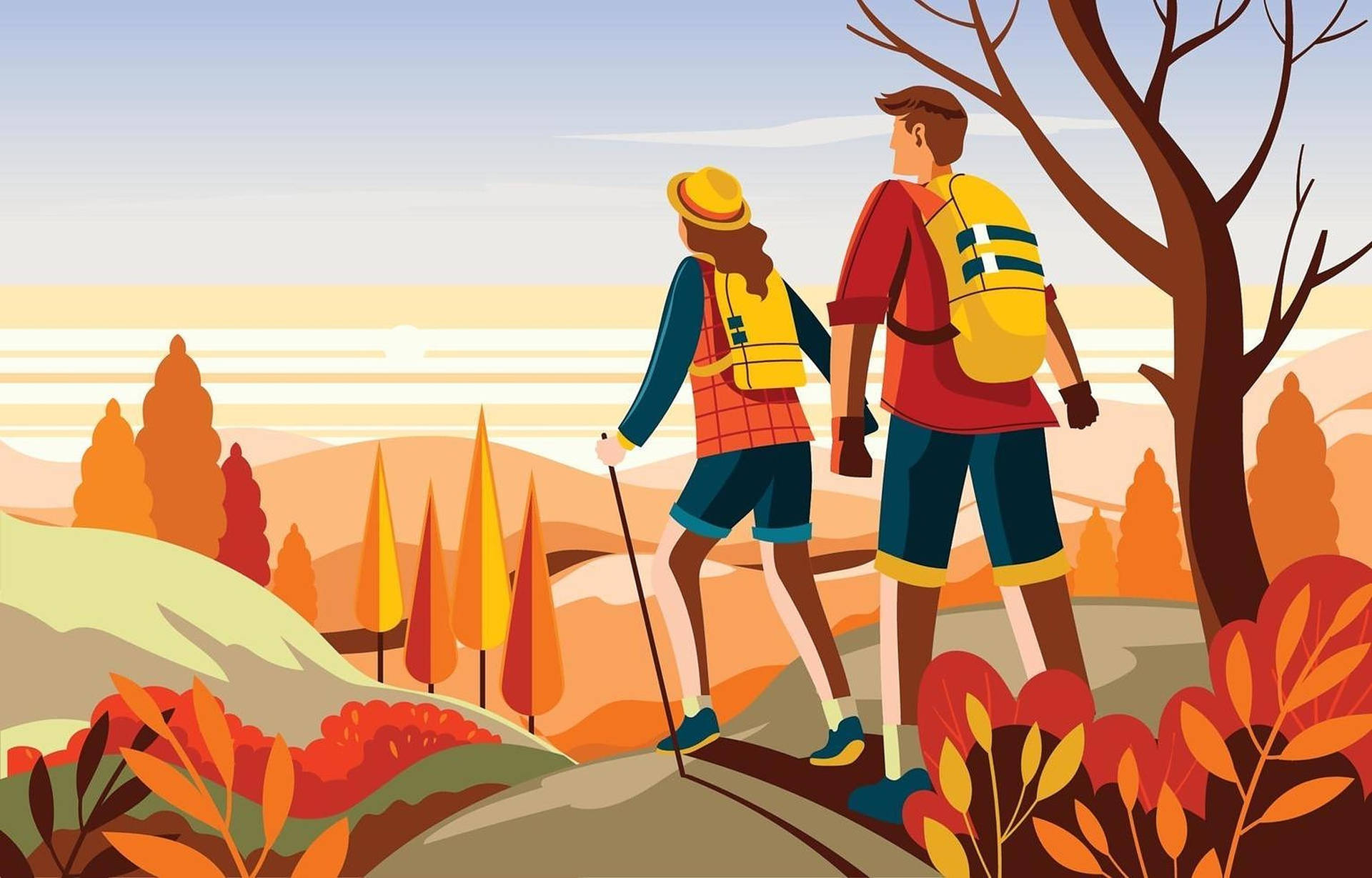Embracing the Wilderness: Hiking Adventure Illustration Wallpaper