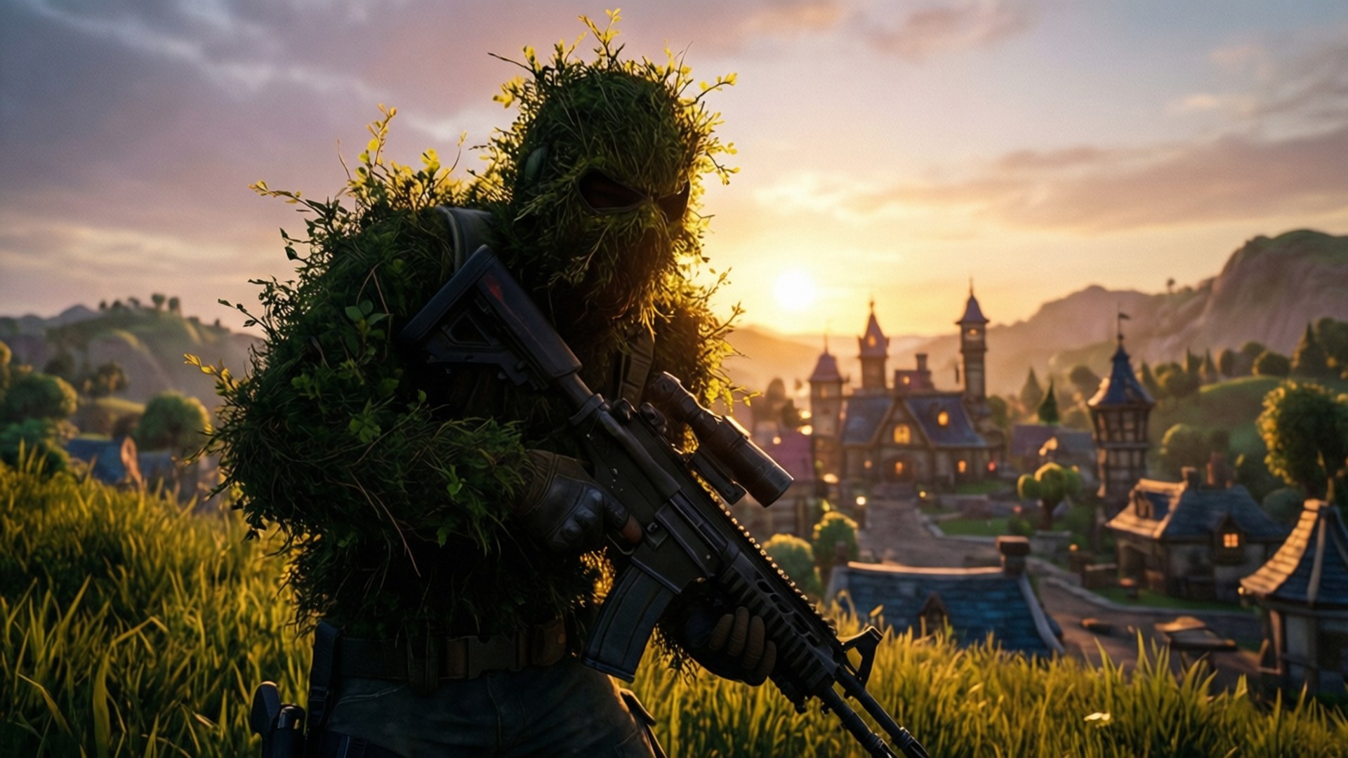 En spelare förklädd som buske silhuett på en kulle med utsikt över en stad i Fortnite.