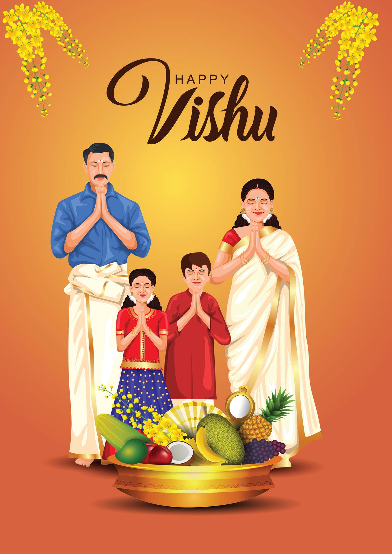 Hindufamilie Betet Während Der Vishu-festlichkeiten. Wallpaper
