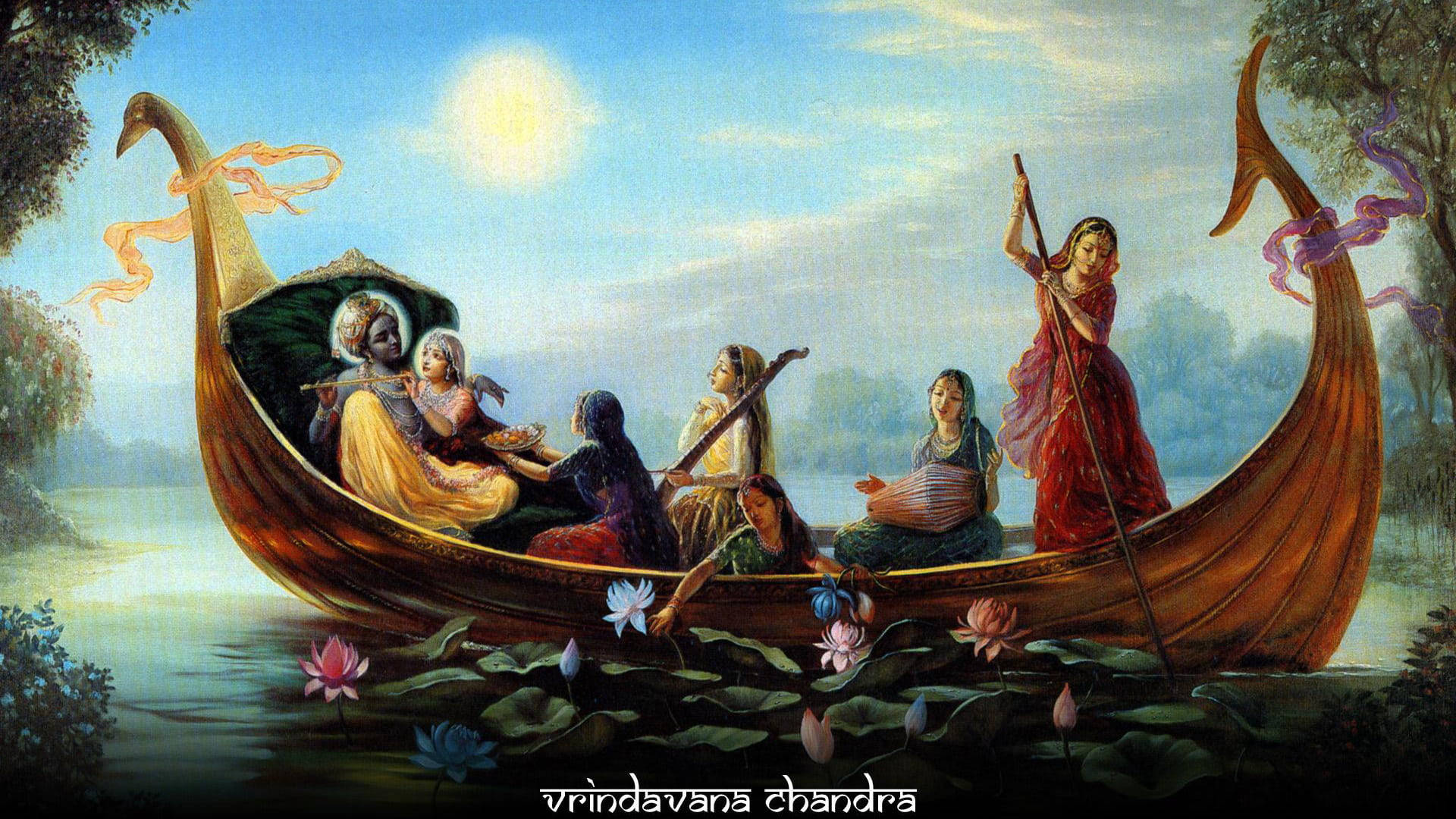 Hindu God Krishna And Gopis On A Boat Wallpaper