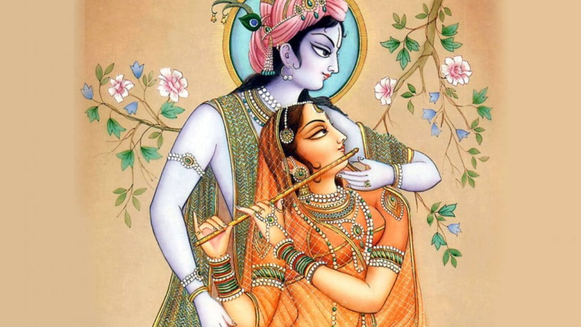 Hindu God Krishna And Radha Playing Flute Wallpaper