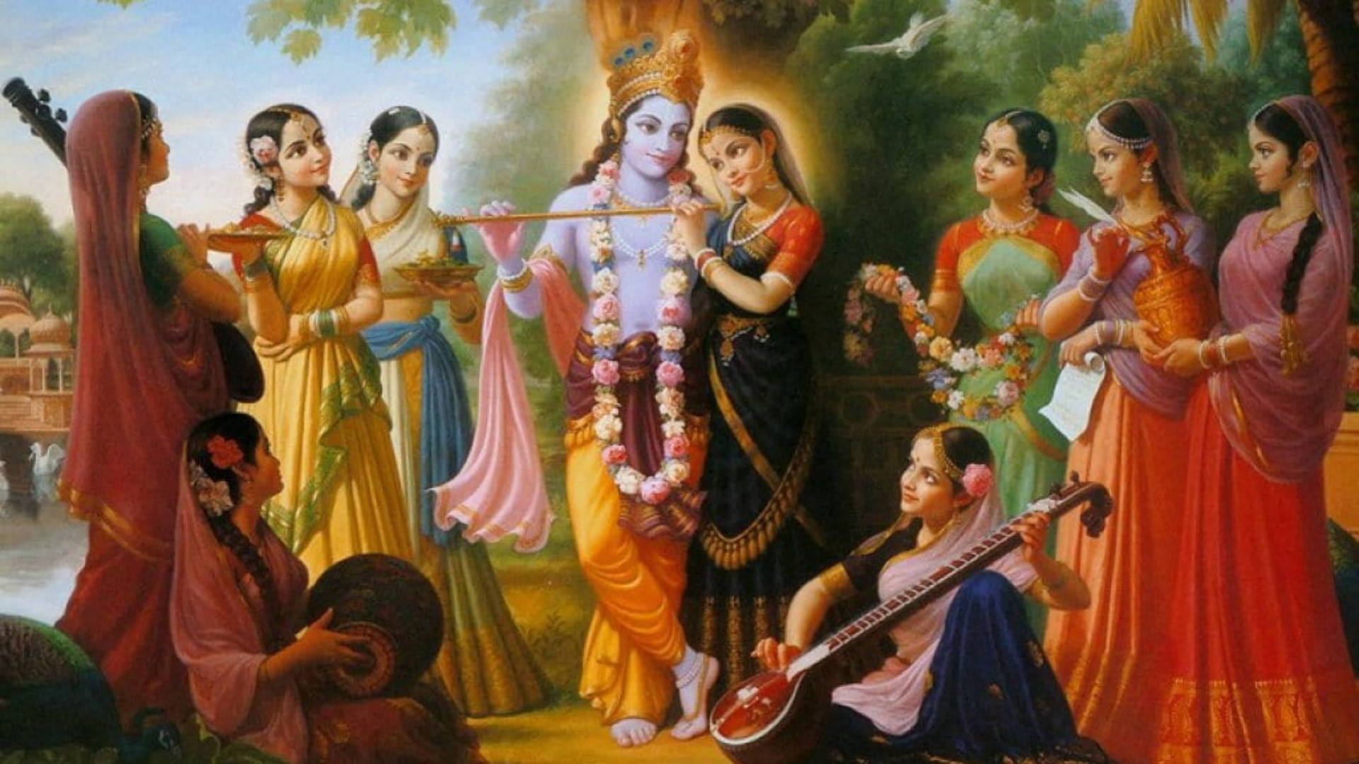 Hindu God Krishna Surrounded By Gopis Wallpaper