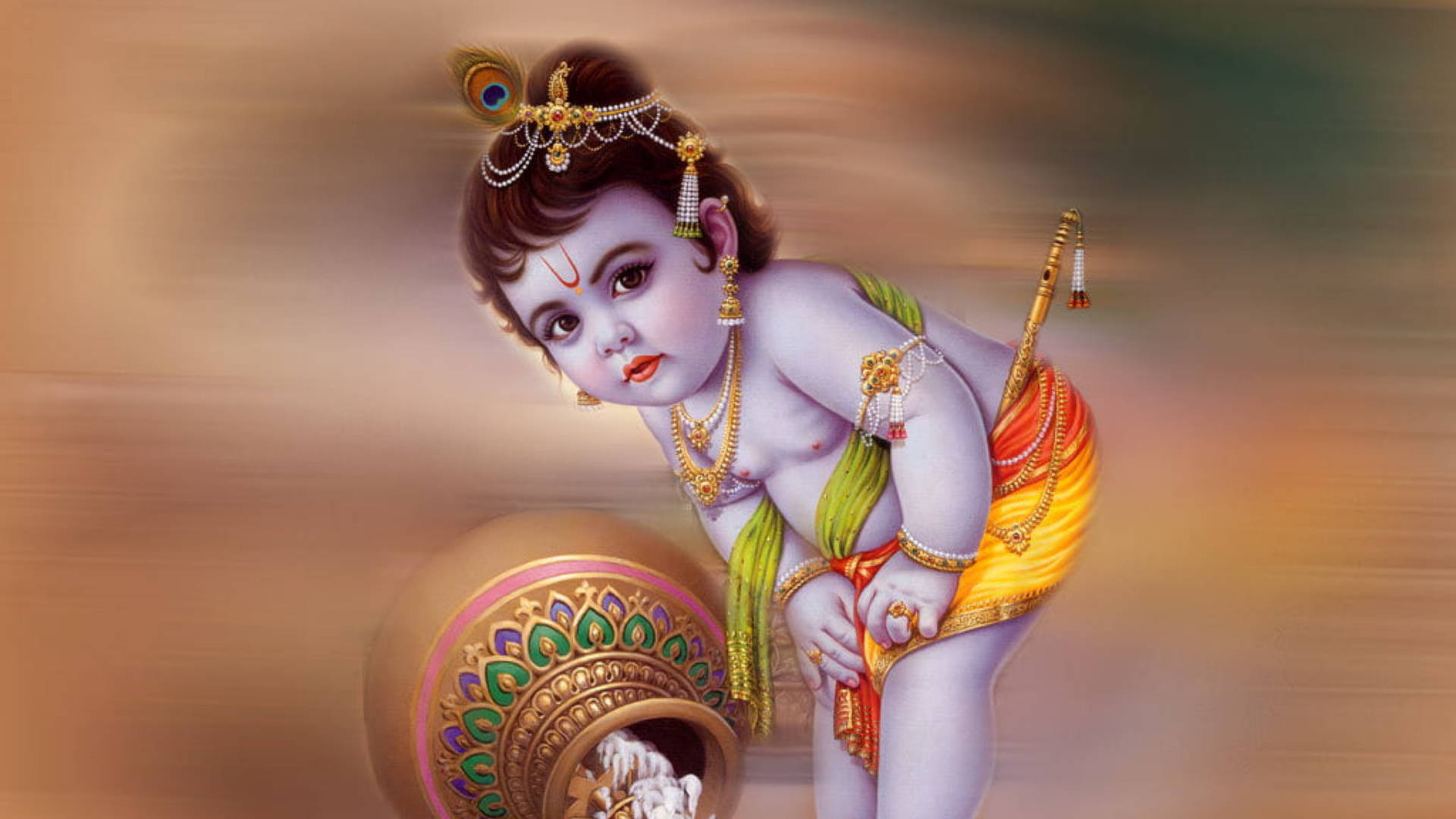 Hindu God Krishna With A Copper Vessel Wallpaper