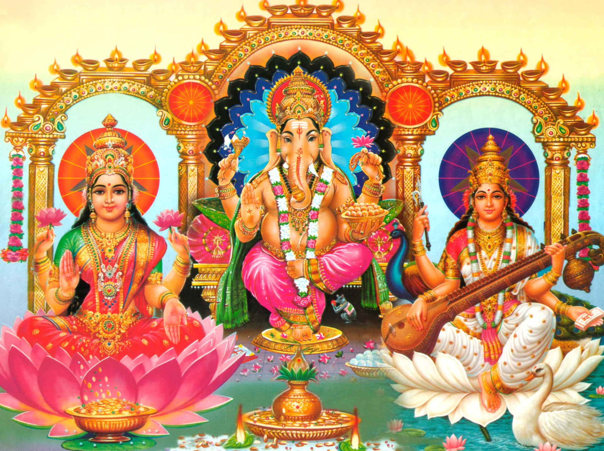 Imagende Los Dioses Hindúes Lakshmi, Hanuman Y Saraswati.
