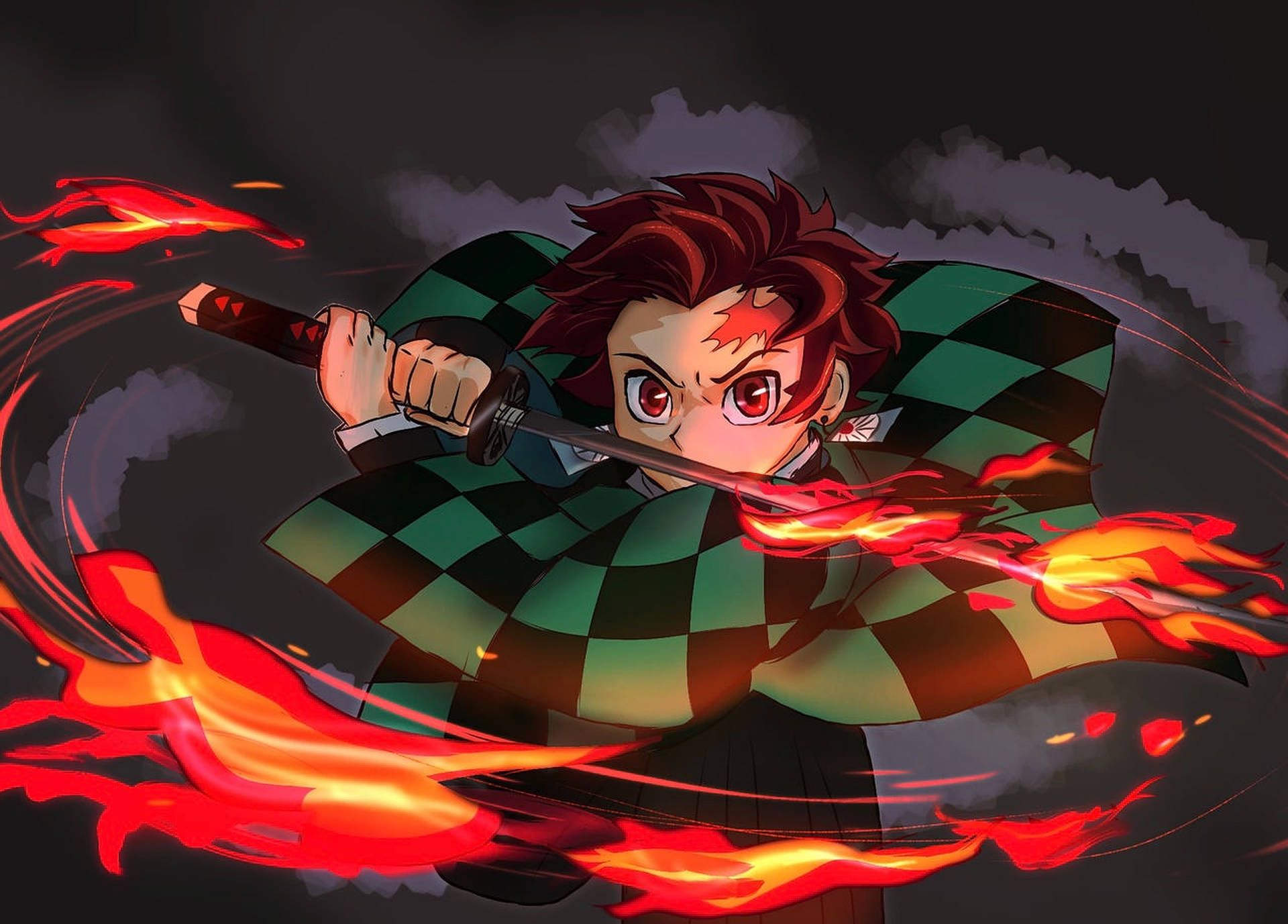 Caption: Hinokami Kagura Unleashing Flames in Intense Battle Wallpaper