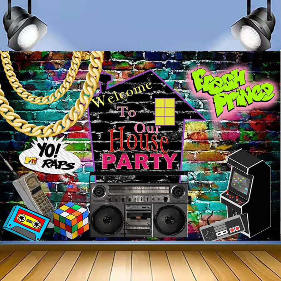80s Party Backdrop With Boombox, Cassette Tapes, And Other Items