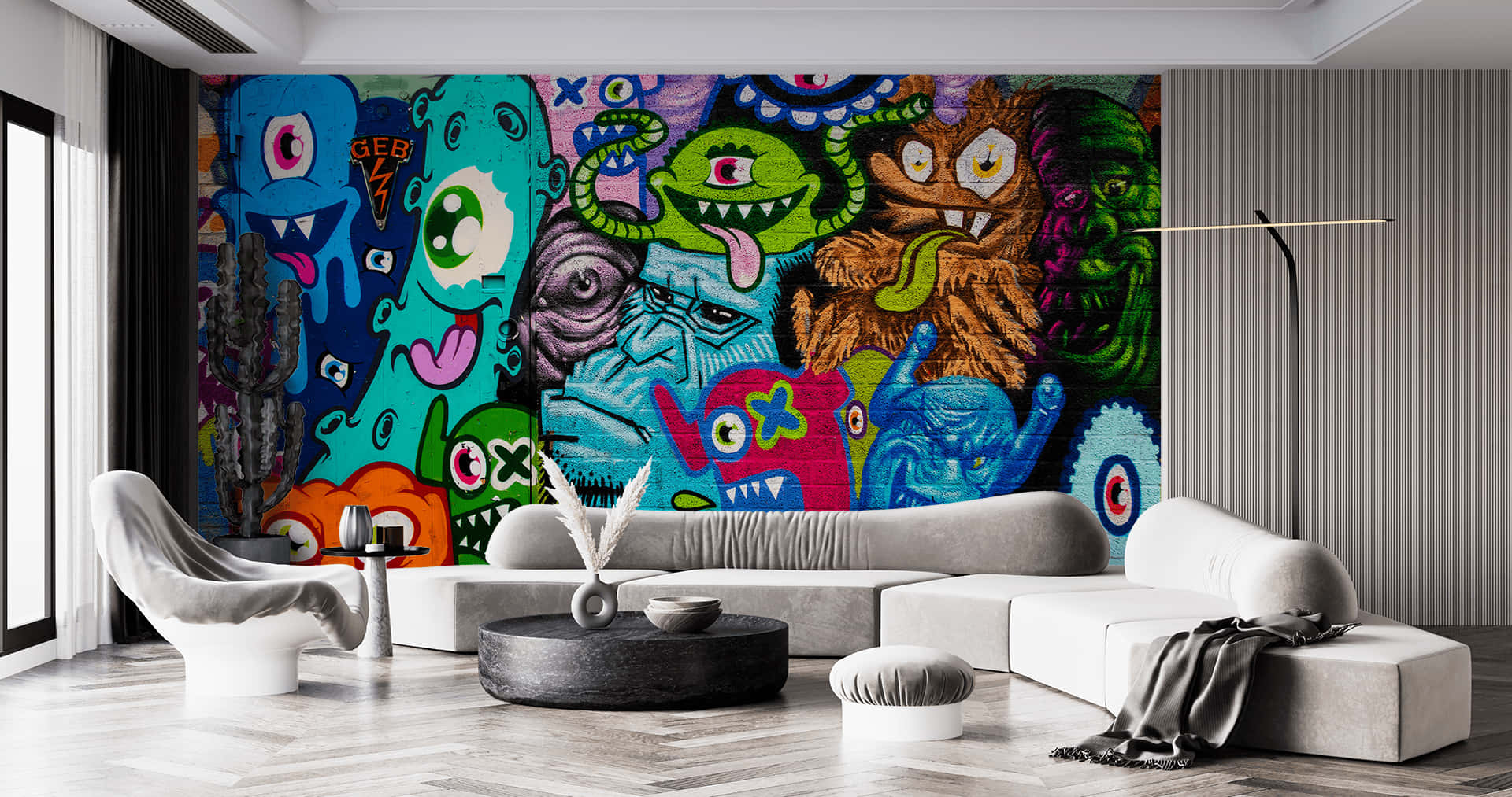 A vibrant and colorful hip hop graffiti mural brightening up the street. Wallpaper