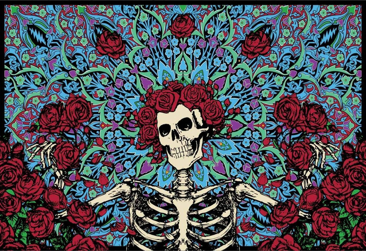 A Skeleton With Roses And A Skull In The Background Wallpaper