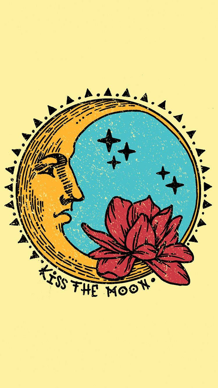 Unaluna Con Un Fiore Al Suo Interno E Le Parole Bacia La Luna Sfondo