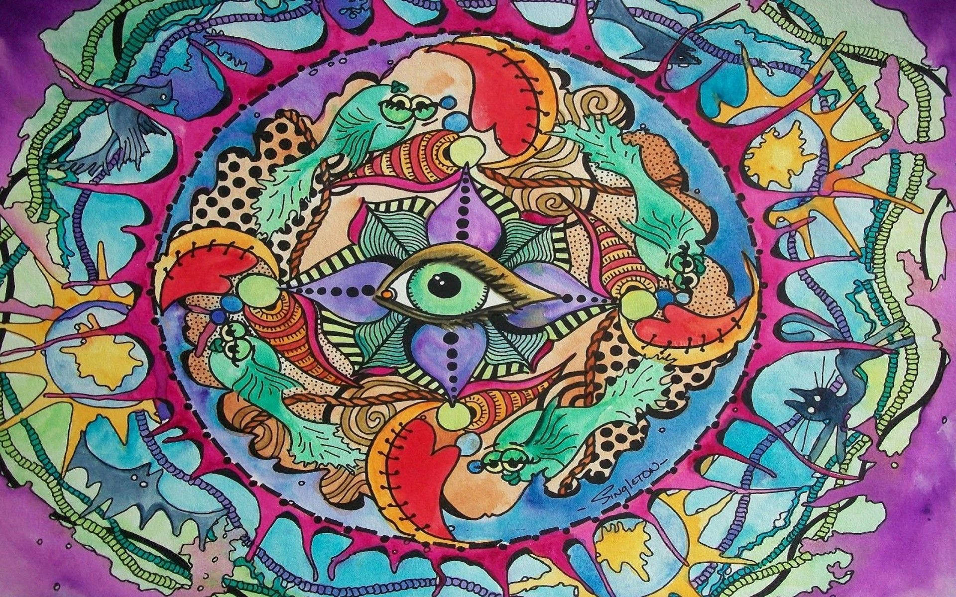 Hippie Eye And Fish Illustration Wallpaper