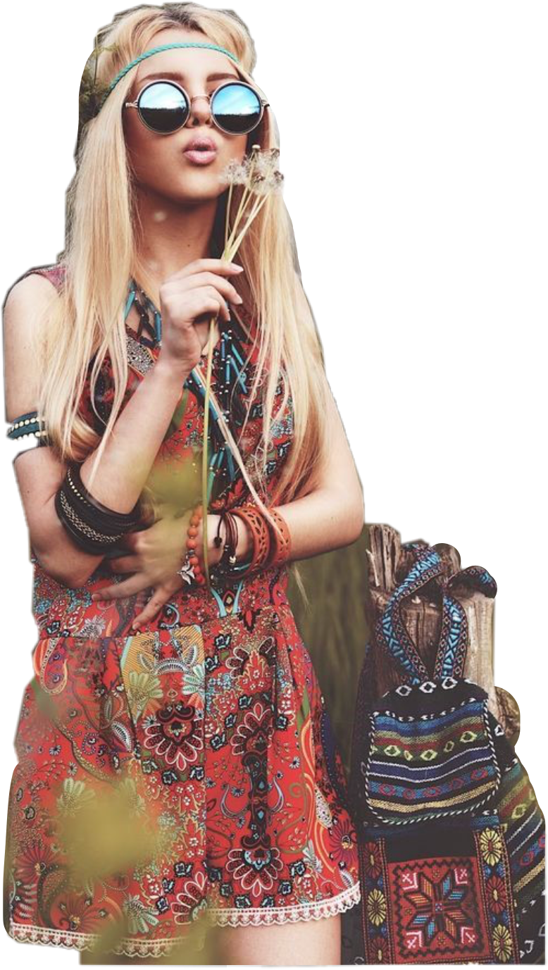 Hippie Girl With Dandelionand Boho Bag PNG