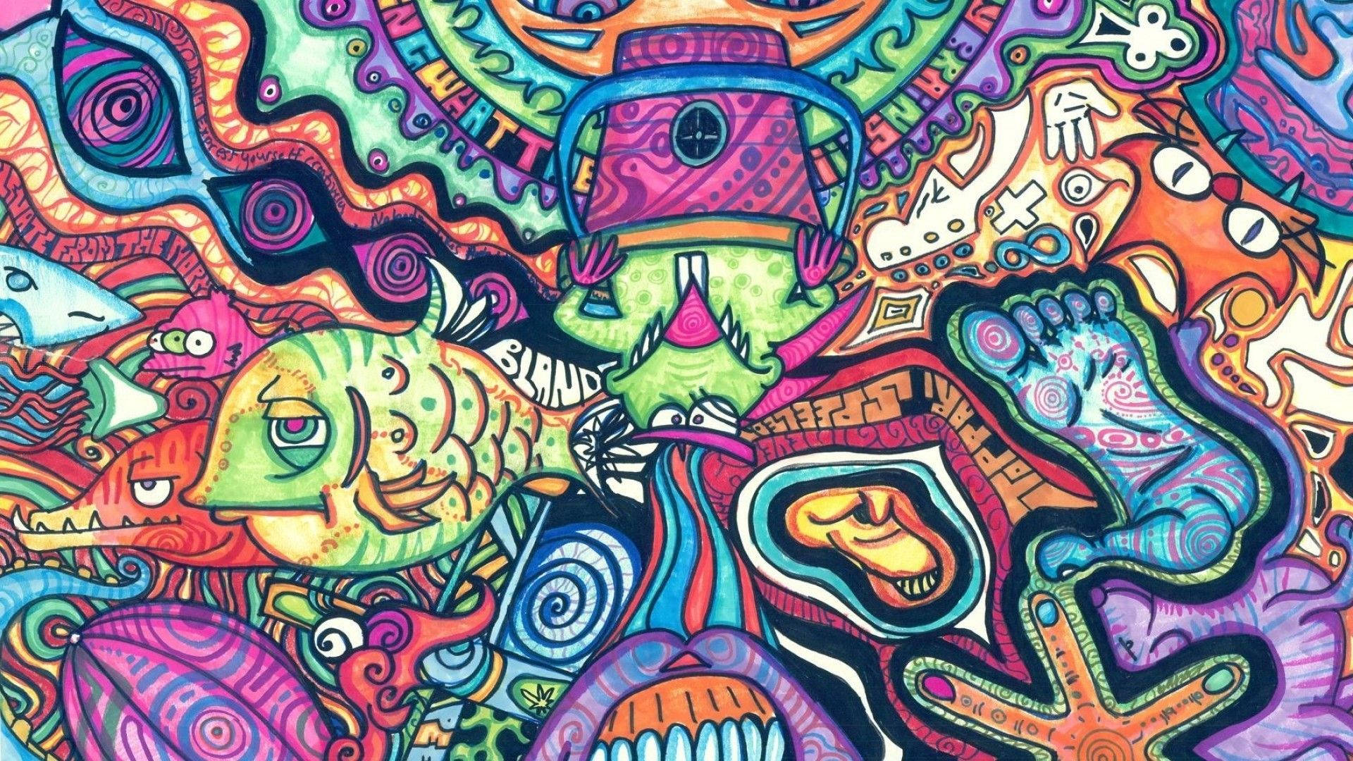 Hippie Pastel Coloured Cartoon Characters Wallpaper