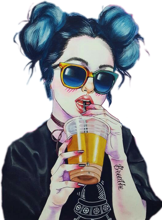 Hipster Girl Drinking Iced Coffee PNG