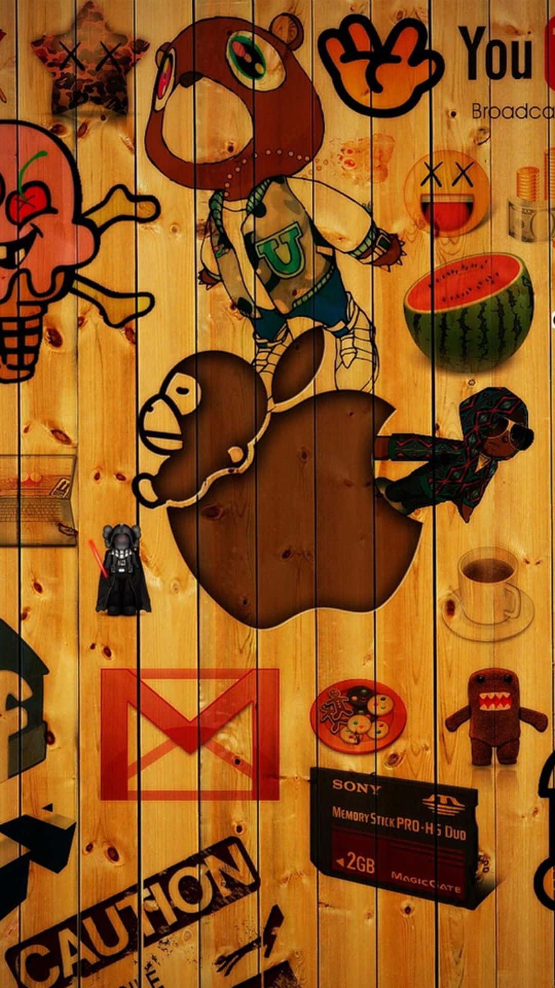 A Wooden Wall With Stickers On It Wallpaper