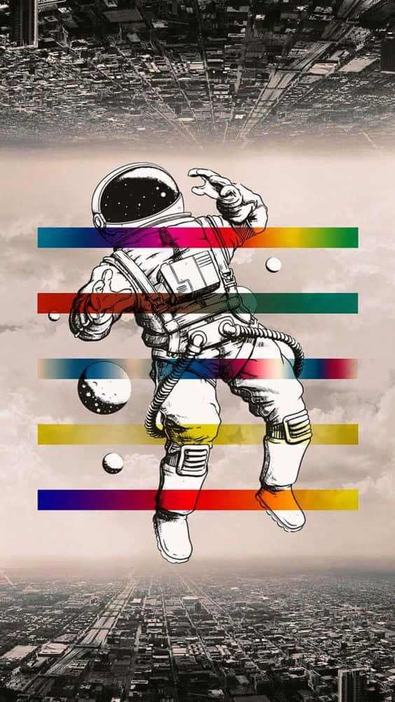 An Astronaut Is Flying Over A City With Colorful Stripes Wallpaper