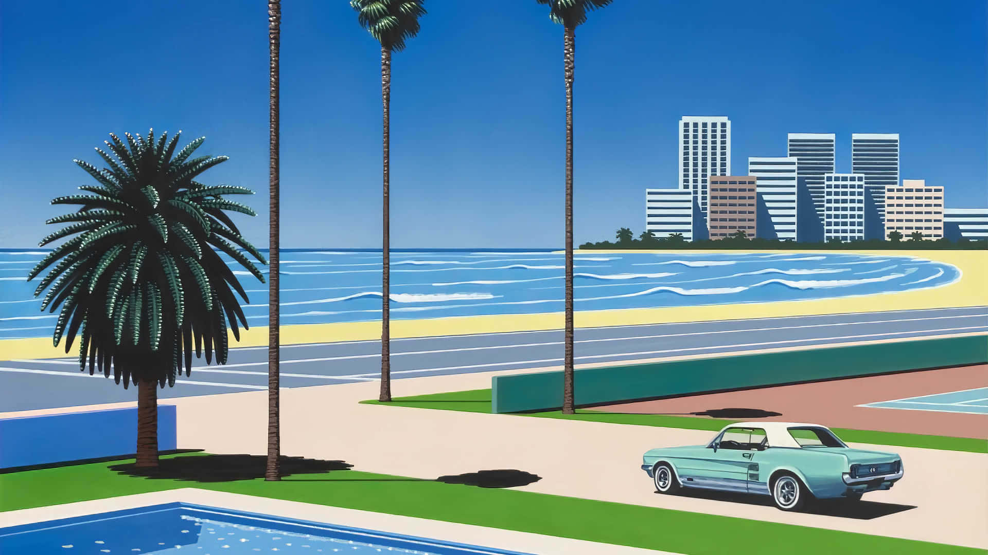 Hiroshi Nagai Palm Bomen En Klassieke Auto Achtergrond