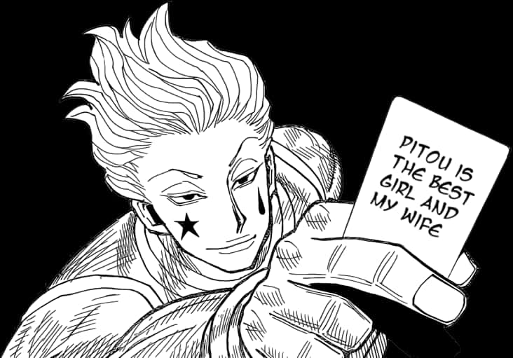 Hisoka_ Holding_ Sign_ Black_and_ White_ Sketch PNG