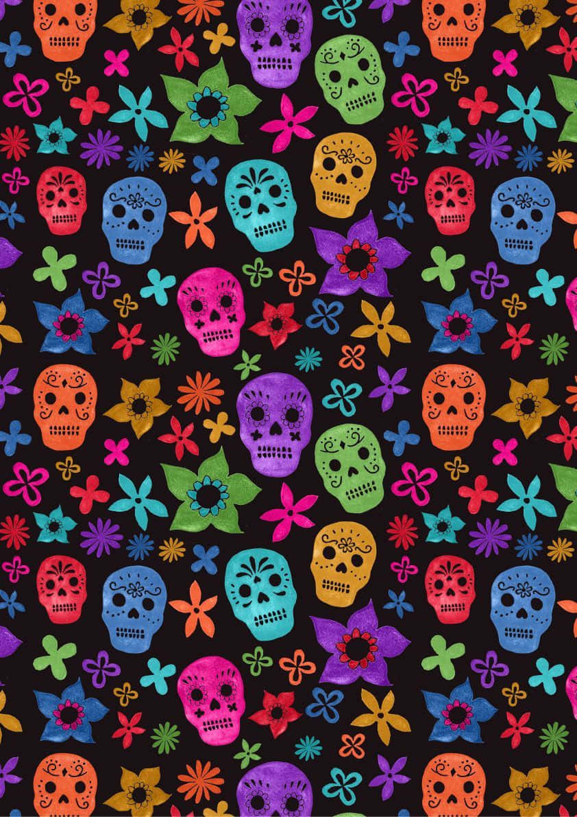 Colorful Sugar Skulls And Flowers On Black Background Wallpaper