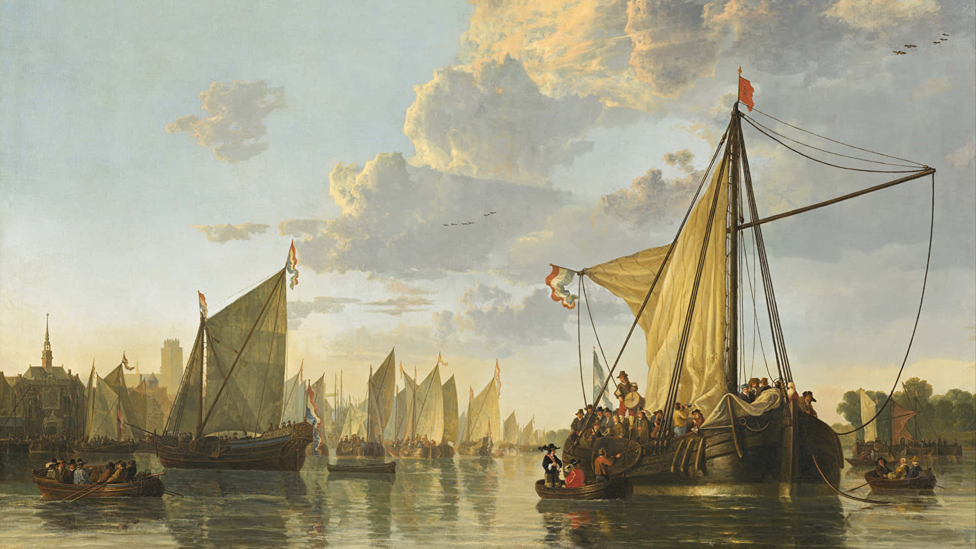 Historic Dordrecht Harbor Painting Wallpaper