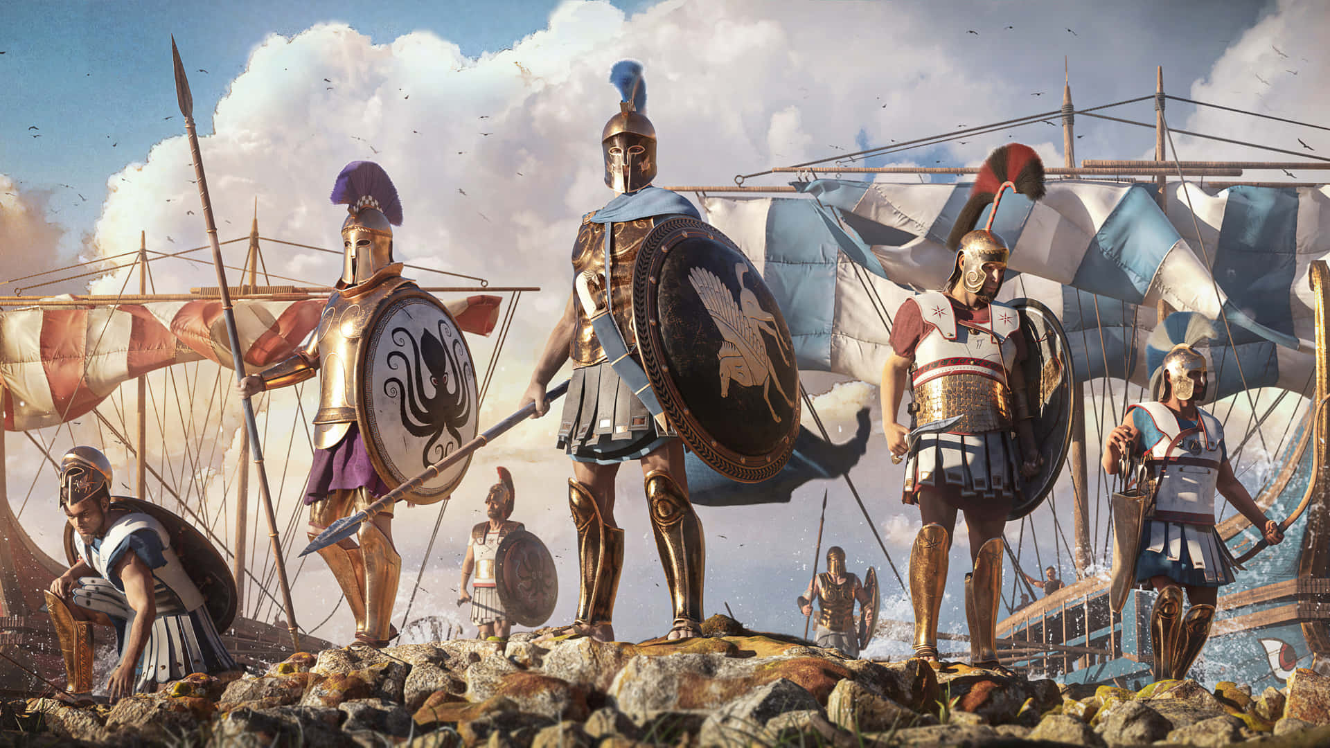 A Group Of People In Armor And Shields Standing On A Rock