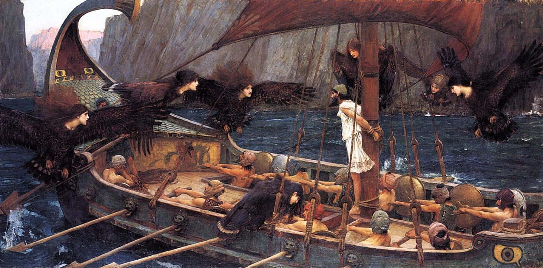 Historical Painting Man On Ship With Bird Creatures Picture