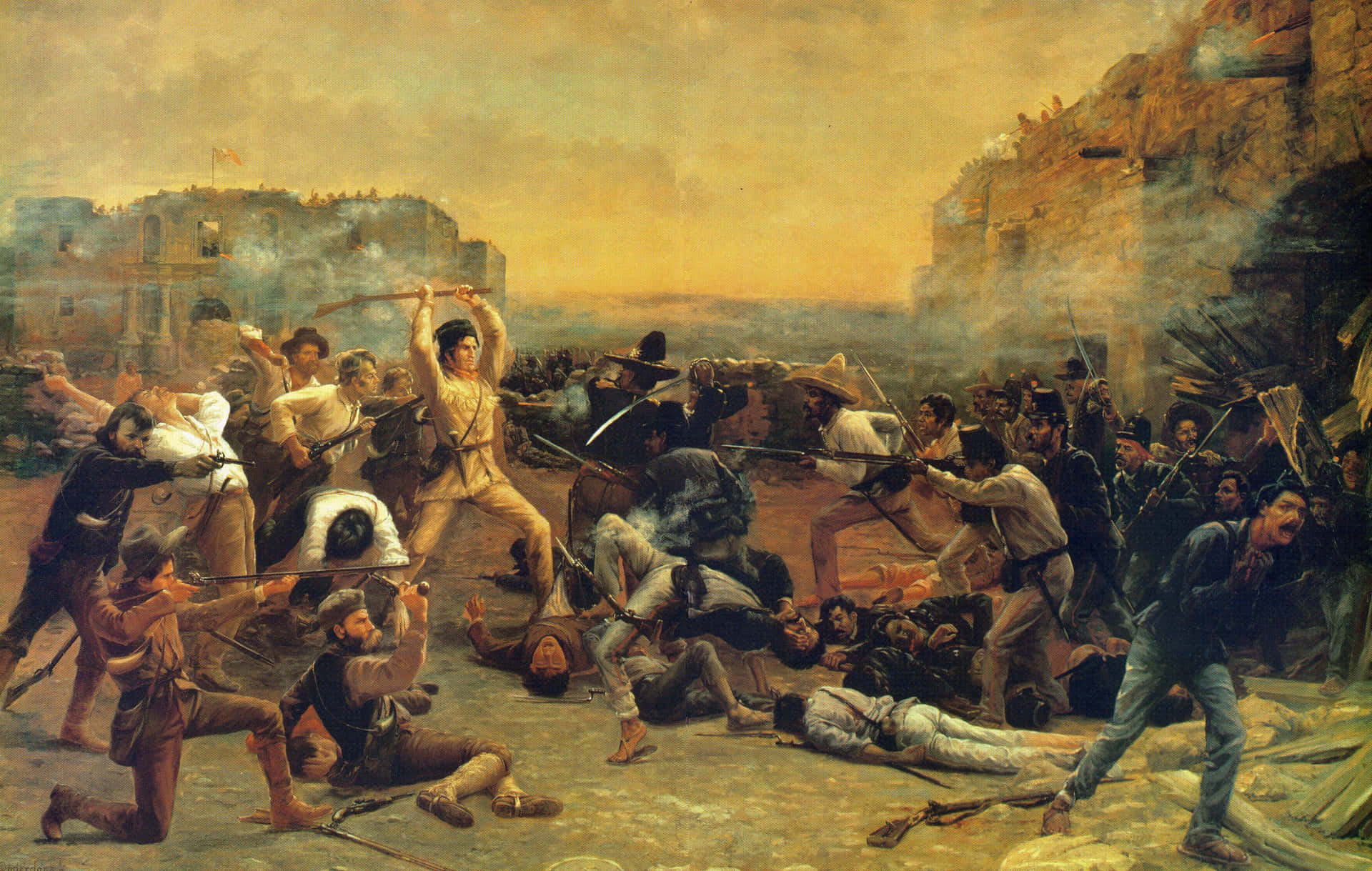 A Painting Of Men Fighting In A City