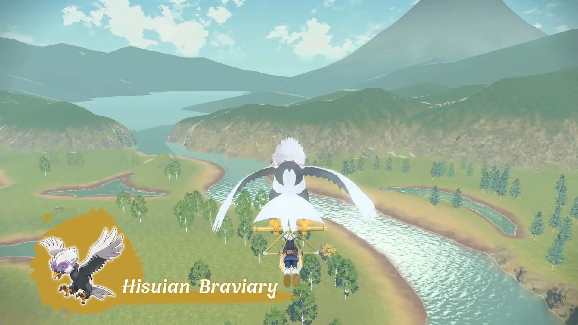 Hisuian Braviary Flying Over A River Wallpaper