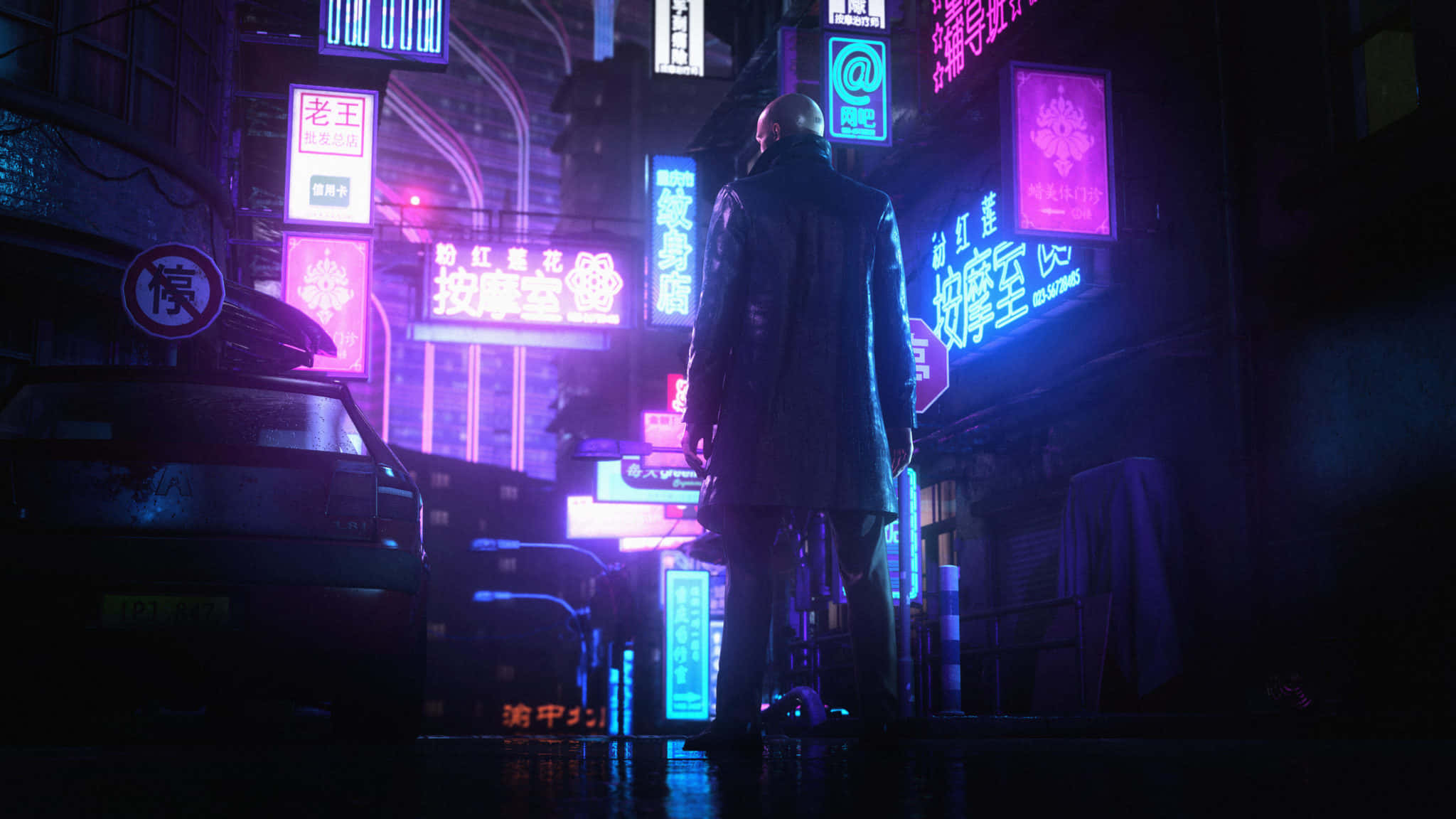 A Man In A Trench Coat Standing In A Dark City
