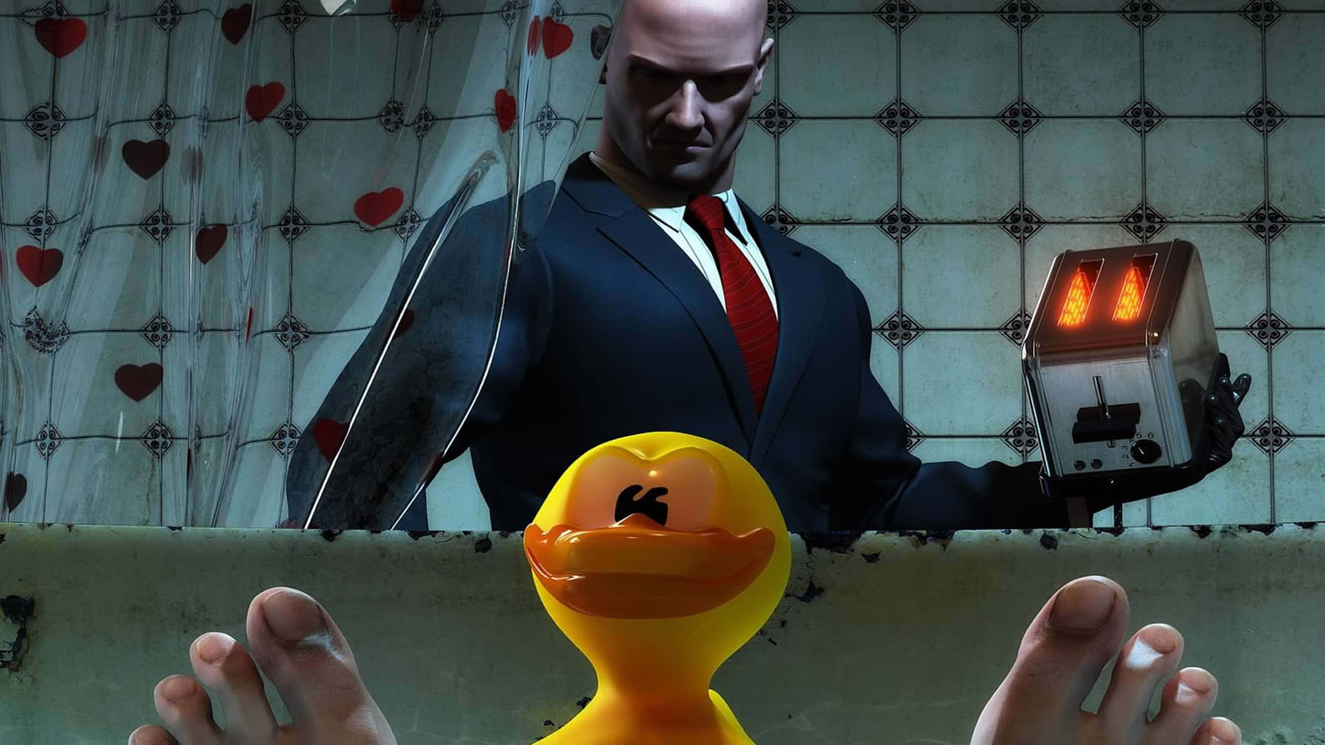 A Man In A Suit Is Holding A Rubber Duck Wallpaper