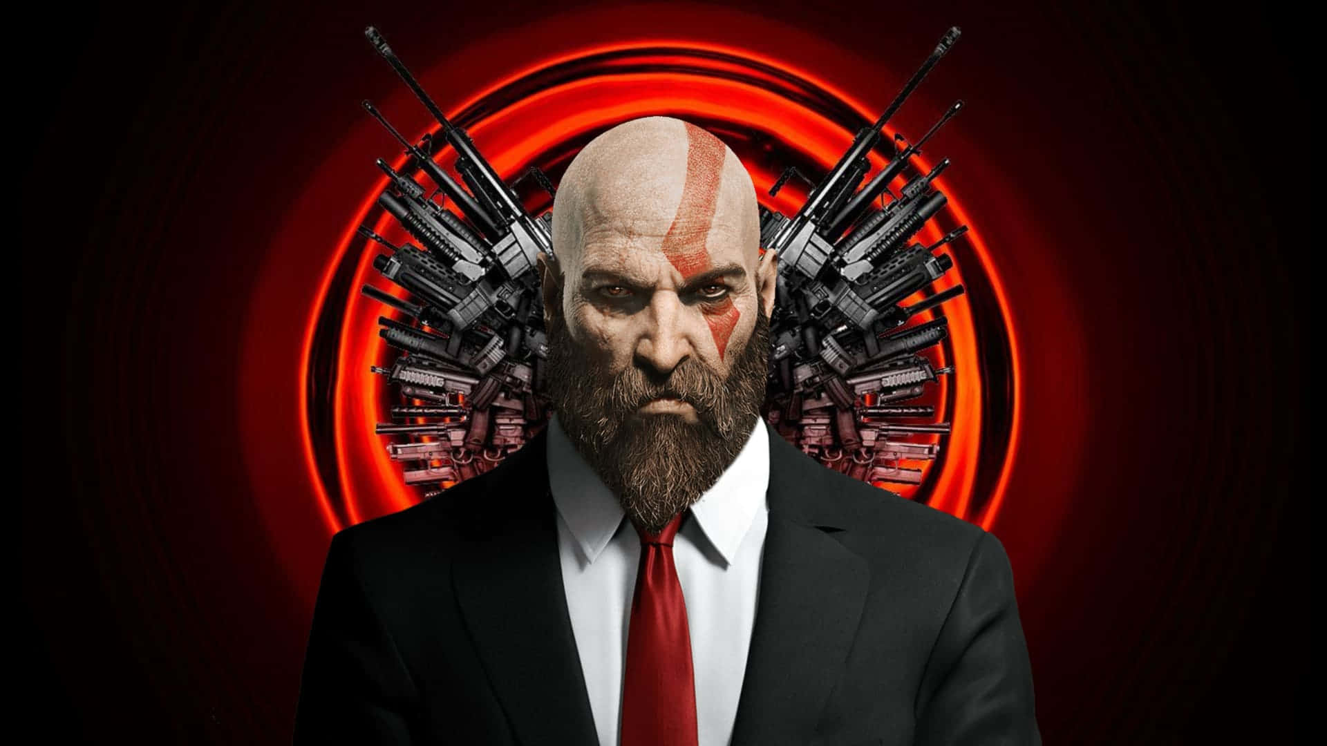 A Man In A Suit With Guns In Front Of Him Wallpaper